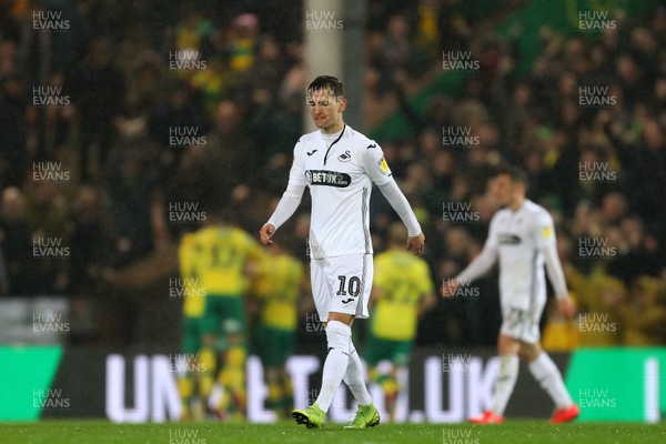 080319 - Norwich City v Swansea City - Sky Bet Championship -  Bersant Celina of Swansea City looks on after the opening goal from Emi Buendia of Norwich City 