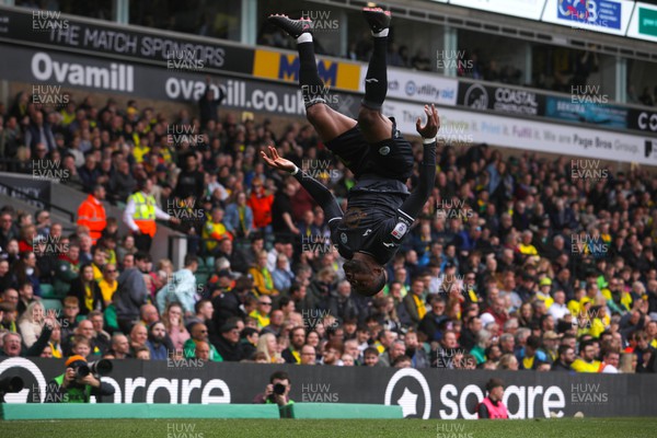220423 - Norwich City v Swansea City - Sky Bet Championship - Olivier Ntcham of Swansea City celebrates in style with a backflip