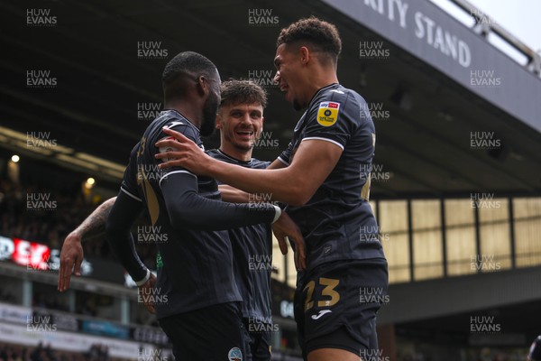 220423 - Norwich City v Swansea City - Sky Bet Championship - Jamie Paterson of Swansea City and Nathan Wood of Swansea City celebrate with Olivier Ntcham of Swansea City