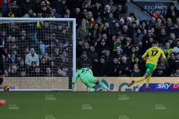 250125 - Norwich City v Swansea City - Sky Bet Championship - Ante Crnac of Norwich City scoring their fourth goal past Lawrence Vigouroux of Swansea City 