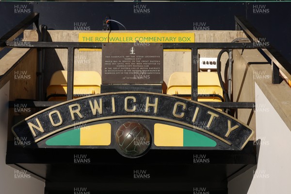 250125 - Norwich City v Swansea City - Sky Bet Championship - Roy Waller Commentary Box with ‘Norwich City’ steam locomotive nameplate at Carrow Road 