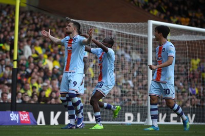 250426 - Norwich City v Swansea City - Sky Bet Championship - Zan Vipotnik of Swansea City and team mates celebrate his penalty goal