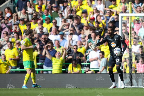 250426 - Norwich City v Swansea City - Sky Bet Championship - Lawrence Vigouroux of Swansea City argues with his defenders 