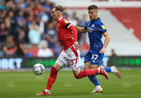 120921 - Nottingham Forest v Cardiff City, Sky Bet Championship - James Garner of Nottingham Forest and Sam Bowen of Cardiff City compete for the ball