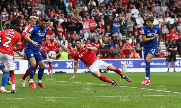 120921 - Nottingham Forest v Cardiff City, Sky Bet Championship - Rubin Colwill of Cardiff City shoots to score goal