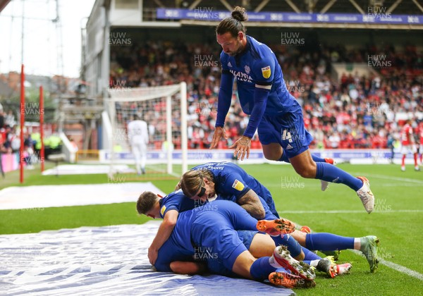120921 - Nottingham Forest v Cardiff City, Sky Bet Championship - Sean Morrison of Cardiff City tops the celebrations as Rubin Colwill of Cardiff City celebrates after he score goal