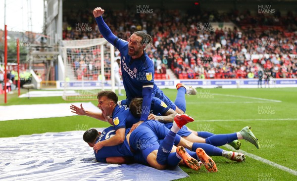 120921 - Nottingham Forest v Cardiff City, Sky Bet Championship - Sean Morrison of Cardiff City tops the celebrations as Rubin Colwill of Cardiff City celebrates after he score goal