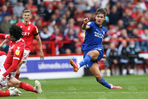 120921 - Nottingham Forest v Cardiff City, Sky Bet Championship - Rubin Colwill of Cardiff City shoots to score his second goal