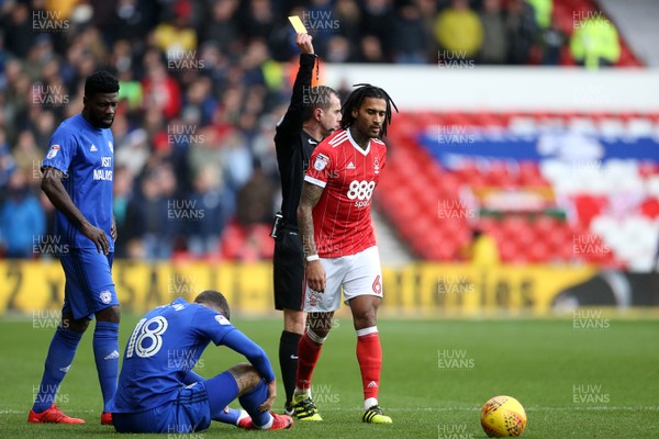261117 - Nottingham Forest v Cardiff - SkyBet Championship - Armand Traore of Nottingham Forest is given a yellow card for his tackle on Callum Paterson of Cardiff City