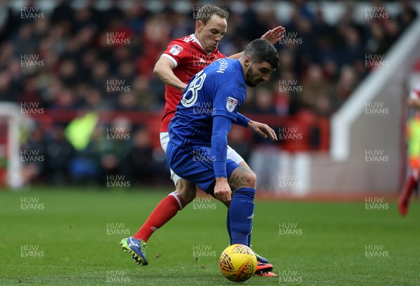 261117 - Nottingham Forest v Cardiff - SkyBet Championship - Callum Paterson of Cardiff City is tackled by David Vaughan of Nottingham Forest