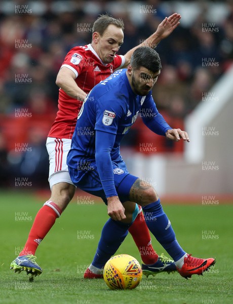 261117 - Nottingham Forest v Cardiff - SkyBet Championship - Callum Paterson of Cardiff City is tackled by David Vaughan of Nottingham Forest