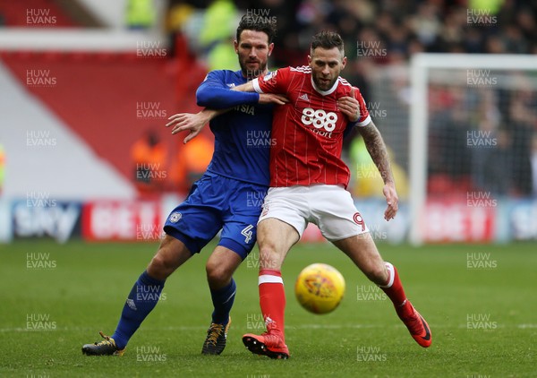 261117 - Nottingham Forest v Cardiff - SkyBet Championship - Daryl Murphy of Nottingham Forest is challenged by Sean Morrison of Cardiff City