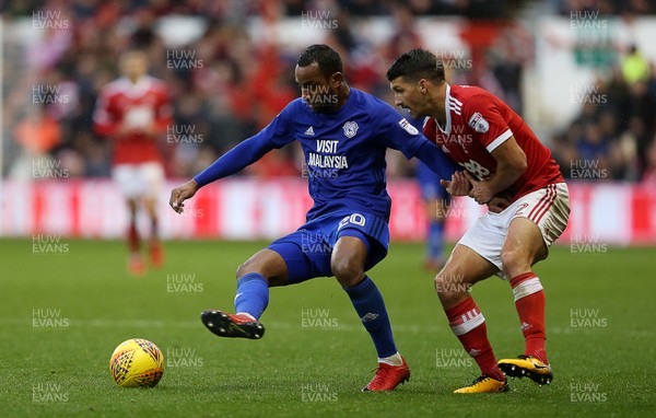 261117 - Nottingham Forest v Cardiff - SkyBet Championship - Loic Damour of Cardiff City is challenged by Eric Lichaj of Nottingham Forest