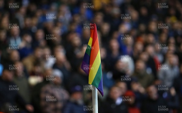 261117 - Nottingham Forest v Cardiff - SkyBet Championship - Multicoloured corner flag in support of the LGBT community with football fans watching on