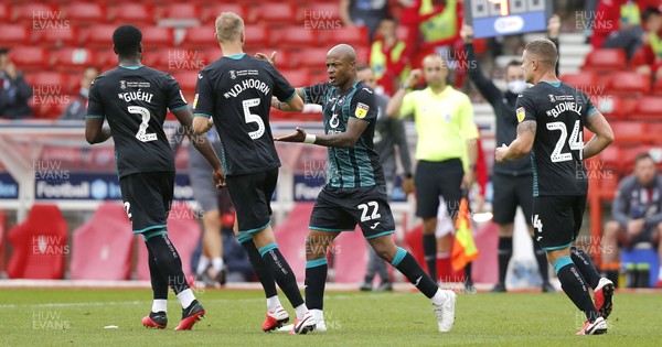 150720 - Nottingham Forest v Swansea - Sky Bet Championship - Andre Ayew of Swansea celebrates scoring a penalty with Mike Van der Hoorn
