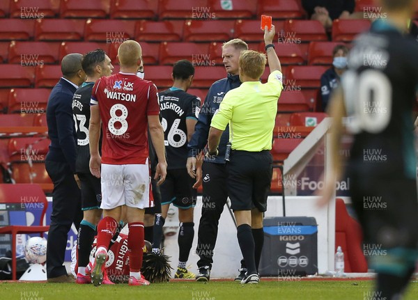 150720 - Nottingham Forest v Swansea - Sky Bet Championship - Kyle Naughton of Swansea is sent off by referee Oliver Langford for a tackle on Alex Mighten of Nottingham Forest