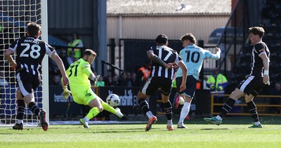 060426 - Notts County v Newport County - Sky Bet League 2 - Harrison Biggins of Newport scores the 1st goal for Newport past Goalkeeper James Belshaw of Notts County