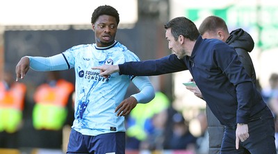 060426 - Notts County v Newport County - Sky Bet League 2 - Newport manager Christian Fuchs gives instructions to Bobby Kamwa of Newport