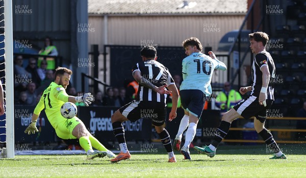 060426 - Notts County v Newport County - Sky Bet League 2 - Harrison Biggins of Newport scores the 1st goal for Newport past Goalkeeper James Belshaw of Notts County