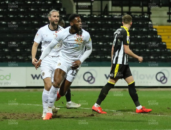 190219 - Notts County v Newport County, Sky Bet League 2 - Jamille Matt of Newport County wheels away to celebrate after he heads to score County's second goal