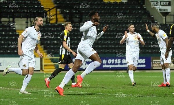 190219 - Notts County v Newport County, Sky Bet League 2 - Jamille Matt of Newport County wheels away to celebrate after he heads to score County's second goal