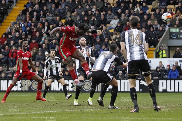 270118 - Notts County v Swansea City, FA Cup Fourth Round - Wilfried Bony of Swansea City (centre) heads at goal 