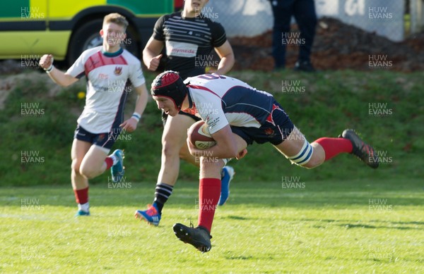 231019 - Neath Port Talbot College v Llandovery College, WRU National Schools and Colleges League - Ben Gregory of Llandovery College dives in to score try