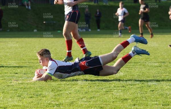 231019 - Neath Port Talbot College v Llandovery College, WRU National Schools and Colleges League - Archie Hughes of Llandovery College races in to score try
