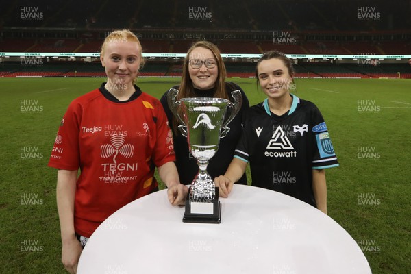 190324 - NPTC v Ysgol Godre’r Berwyn - WRU Welsh Schools Girls U18 Cup Final - Both Captains receive the trophy from WRU Women’s lead Caryl Thomas after the match resulted in a draw