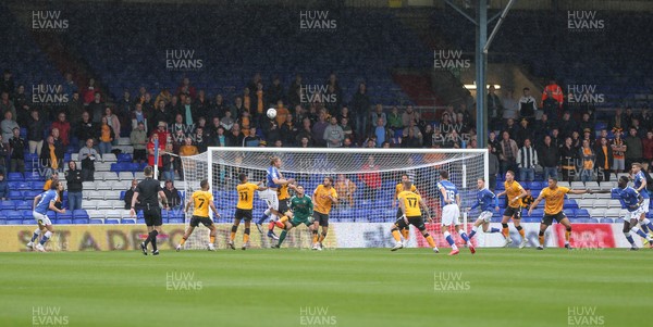 070821 - Oldham Athletic v Newport County, EFL Sky Bet League 2 - Newport County defend their goal in front of their traveling supporters during the first half of the match