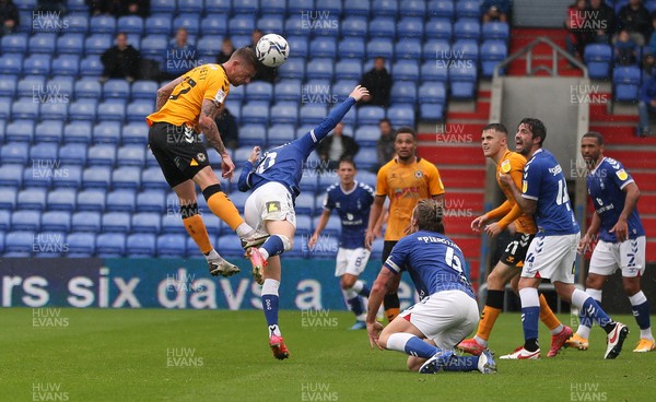 070821 - Oldham Athletic v Newport County, EFL Sky Bet League 2 - Scot Bennett of Newport County heads at goal