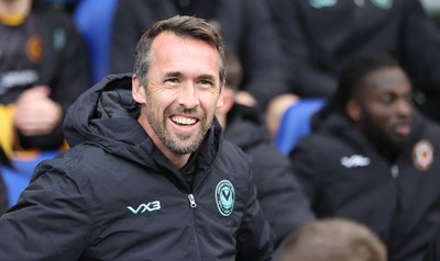 221125 - Oldham Athletic v Newport County - Sky Bet League 2 - Newport manager Christian Fuchs looks happy before the start of the match