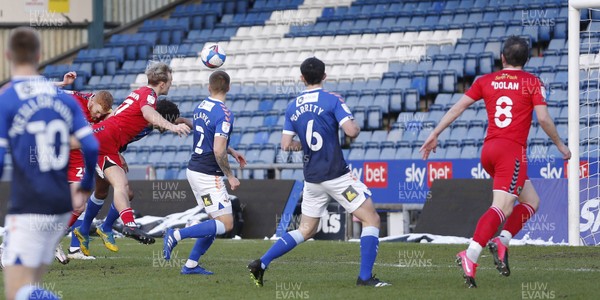 230121 - Oldham Athletic v Newport County - Sky Bet League 2 - Jack Scrimshaw heads the ball into the net for the 1st goal of the match