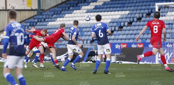 230121 - Oldham Athletic v Newport County - Sky Bet League 2 - Jack Scrimshaw heads the ball into the net for the 1st goal of the match