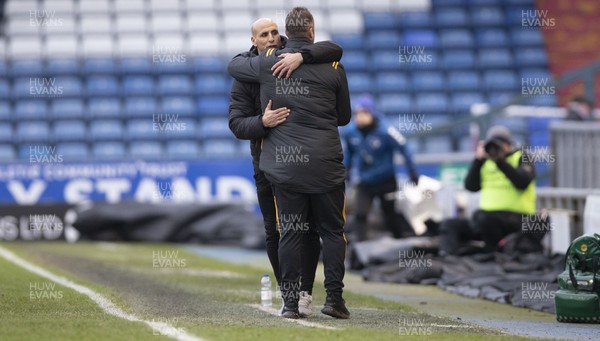 290220 - Oldham Athletic v Newport County - Sky Bet League 2 -  Oldham Athletic manager Dino Maamria hugs Newport County's manager Michael Flynn after his team beat Newport County 5-0 