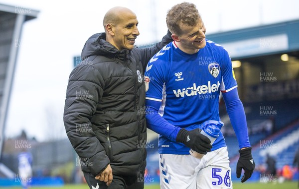 290220 - Oldham Athletic v Newport County - Sky Bet League 2 -  Oldham Athletic manager Dino Maamria hugs Danny Rowe after the 5-0 thrashing of Newport County
