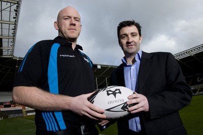 150212 - Ospreys New Head Coach -Steve Tandy after being named as the new Ospreys head coach with Ospreys Chief Operations Officer Andrew Hore(R)