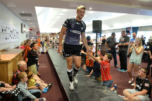 080814 - Ospreys Kit Launch -Dan Biggar models the new Ospreys home kit during the kit launch