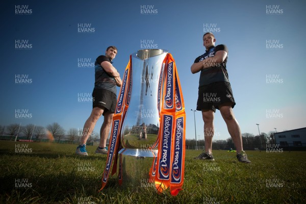 190213 - Ospreys team members Morgan Allen and Lloyd Peers with the RaboDirect PRO12 trophy