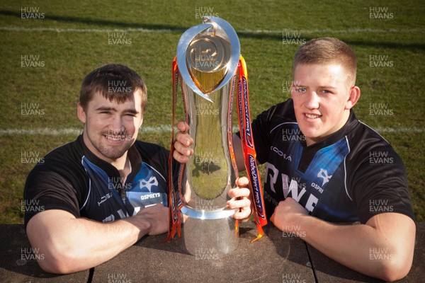 190213 - Ospreys team members Morgan Allen and Lloyd Peers with the RaboDirect PRO12 trophy