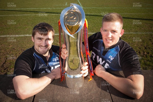 190213 - Ospreys team members Morgan Allen and Lloyd Peers with the RaboDirect PRO12 trophy