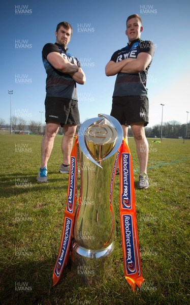 190213 - Ospreys team members Morgan Allen and Lloyd Peers with the RaboDirect PRO12 trophy