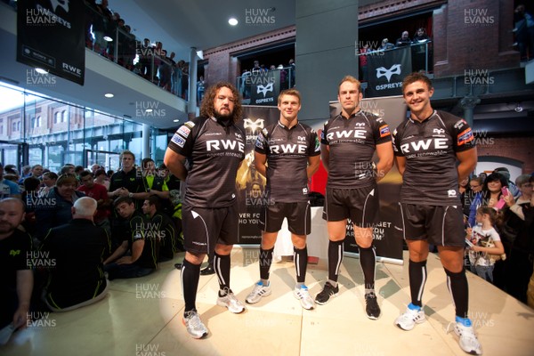 170812 - Ospreys shirt launch, Swansea -Ospreys stars Adam Jones, Dan Biggar, Alun Wyn Jones and Ashley Beck, display the new 2012-13 shirt at the launch event at the Waterfront Museum in Swansea