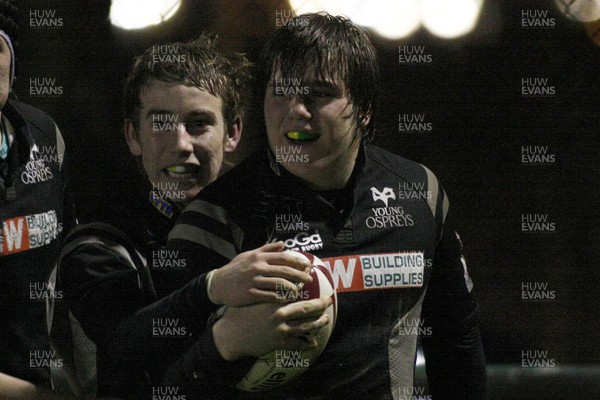 27.01.10 Osprey's U16's v Blues North U16's - Regional Age Grade Championship - Ospreys' Evan Yardley(R) is congratulated by Courtney Davies after scoring a try. 