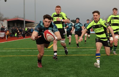 160225  Ospreys U18s v Dragons U18s, WRU Regional Age Grade Semi Final - Jack Hoskins of Ospreys dives to take the ball and score try