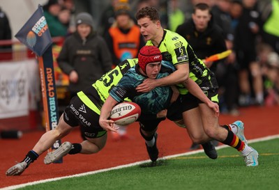 160225  Ospreys U18s v Dragons U18s, WRU Regional Age Grade Semi Final - Evan Jones of Ospreys is tackled by Harry Dawes of Dragons and Rhys Cole of Dragons