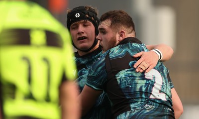 160225  Ospreys U18s v Dragons U18s, WRU Regional Age Grade Semi Final - Logan Lloyd of Ospreys celebrates with Thomas Edwards of Ospreys after he races in to score try