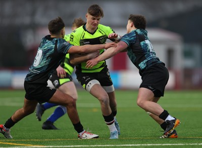 160225  Ospreys U18s v Dragons U18s, WRU Regional Age Grade Semi Final - Morgan Carter of Dragons takes on Caelan Carson-Jones of Ospreys and Logan Jones of Ospreys