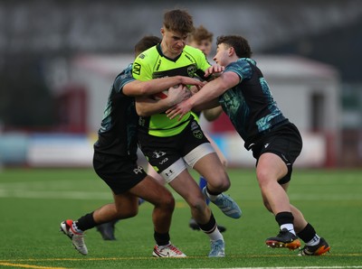 160225  Ospreys U18s v Dragons U18s, WRU Regional Age Grade Semi Final - Morgan Carter of Dragons takes on Caelan Carson-Jones of Ospreys and Logan Jones of Ospreys