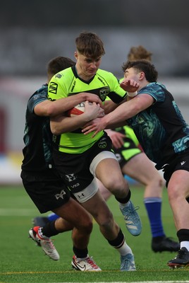 160225  Ospreys U18s v Dragons U18s, WRU Regional Age Grade Semi Final - Morgan Carter of Dragons takes on Caelan Carson-Jones of Ospreys and Logan Jones of Ospreys